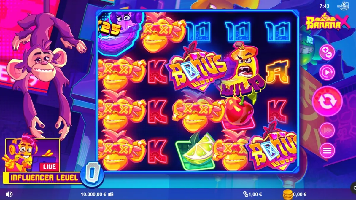 Tampilan visual neon dan karakter influencer dalam slot Banana X