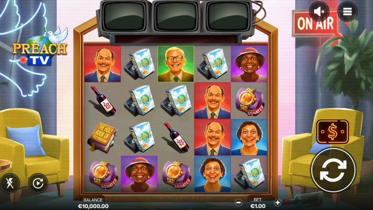 Tampilan visual slot Preach TV dengan tema studio televisi retro