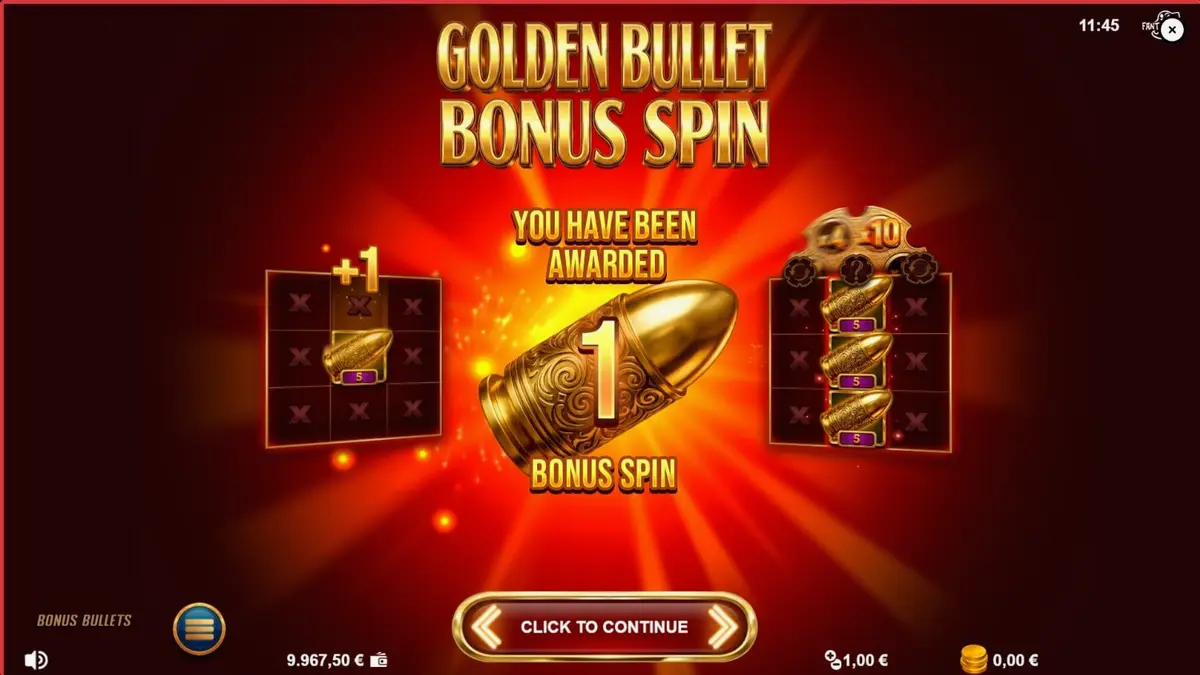 Tampilan visual slot Bonus Bullets dengan tema noir dan elemen revolver emas