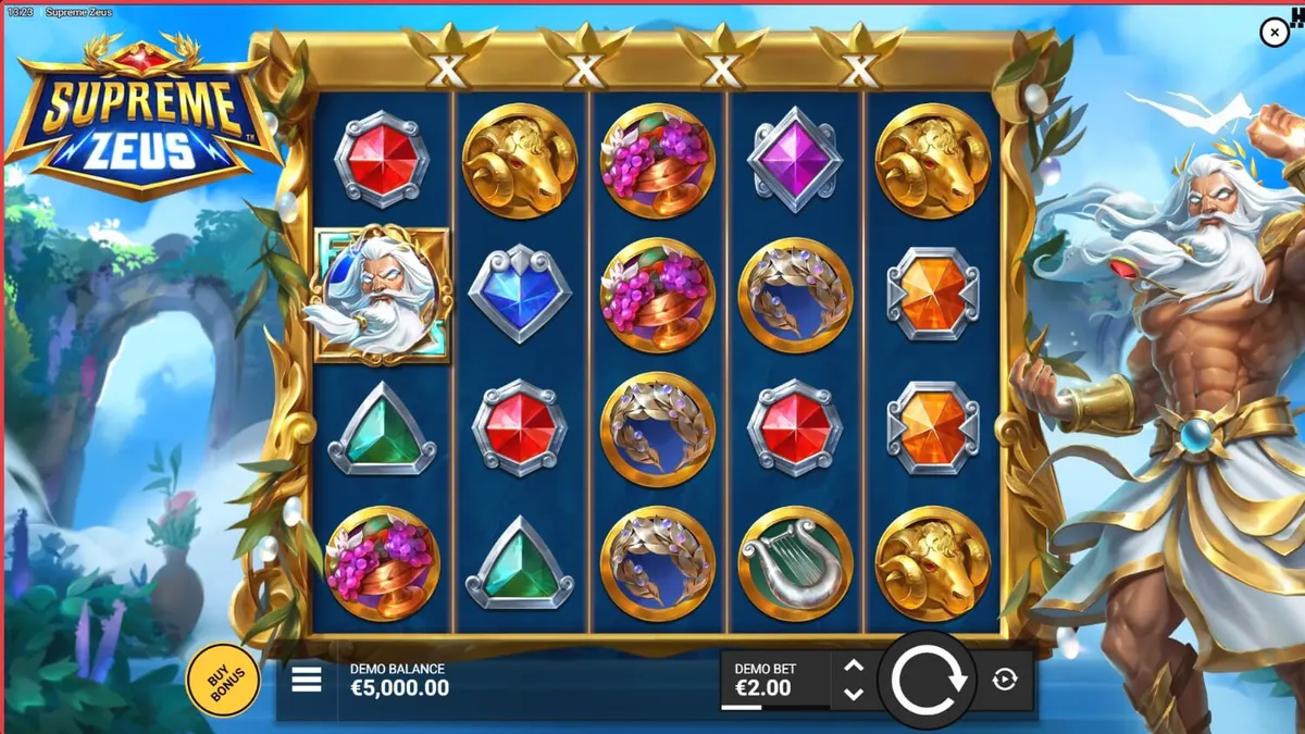 Tampilan visual slot Supreme Zeus dengan latar belakang Olympus dan petir