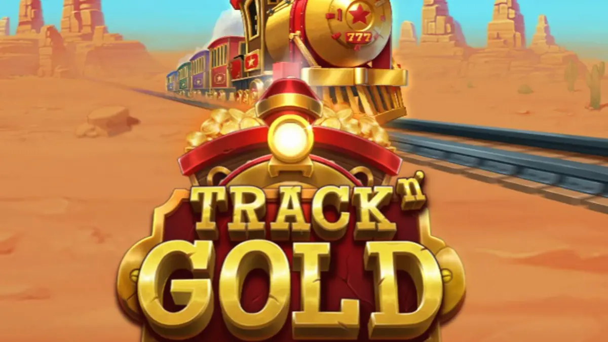 Tampilan antarmuka slot Track’n Gold pada perangkat seluler dengan latar belakang kereta uap.